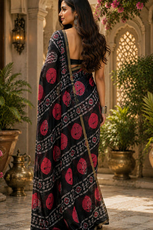 Black Printed Linen Saree (HT2505)