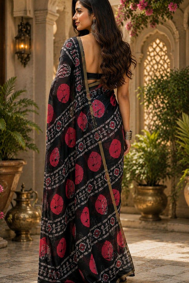 Black Printed Linen Saree (HT2505)