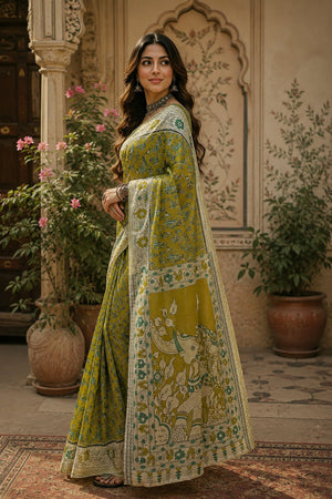 Olive Green Kalamkari Printed Linen Saree (HT2506)