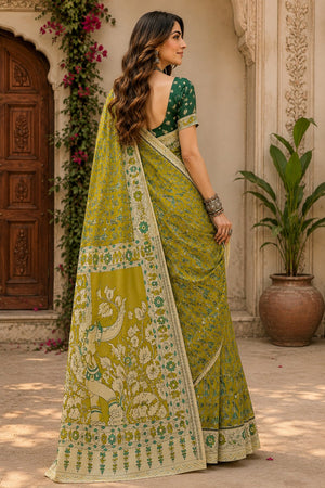 Olive Green Kalamkari Printed Linen Saree (HT2506)