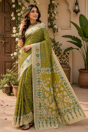 Olive Green Kalamkari Printed Linen Saree (HT2506)
