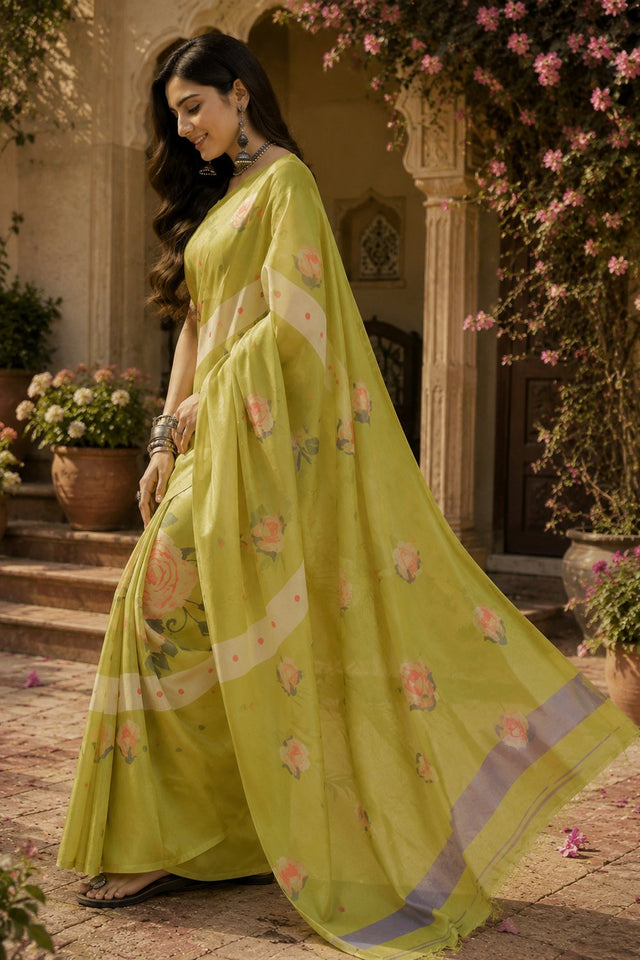 Lime Green Floral Printed Linen Saree (HT2507)