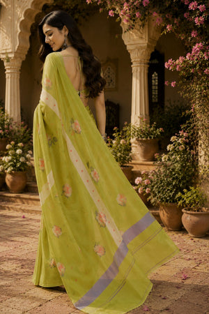 Lime Green Floral Printed Linen Saree (HT2507)