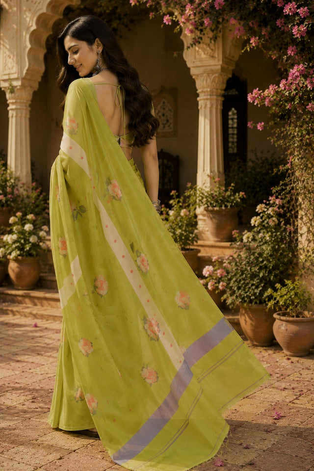 Lime Green Floral Printed Linen Saree (HT2507)