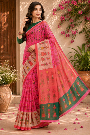 Baby Pink Printed Linen Saree (HT2508)