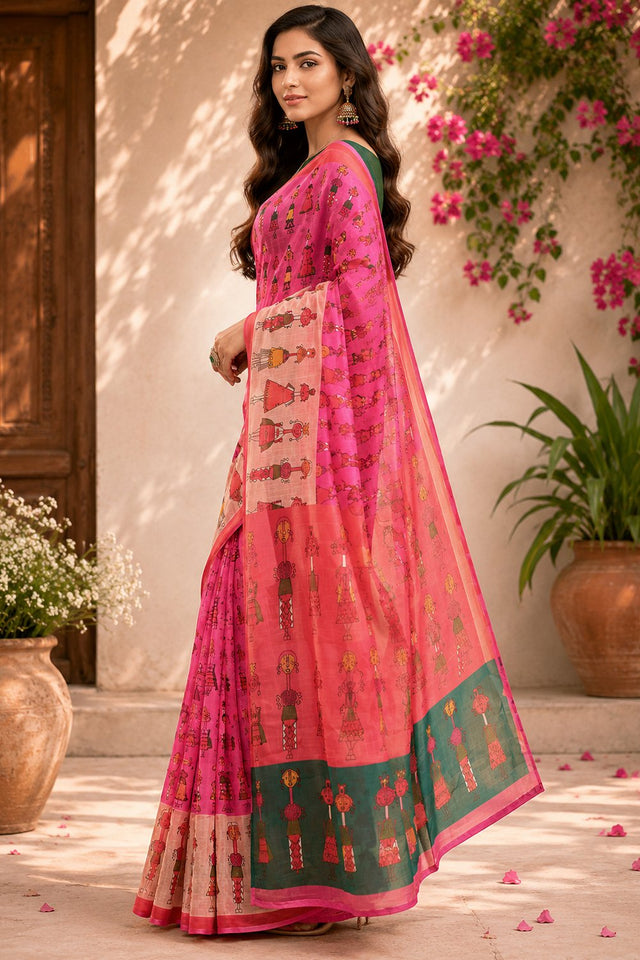 Baby Pink Printed Linen Saree (HT2508)