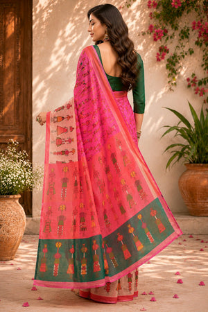 Baby Pink Printed Linen Saree (HT2508)