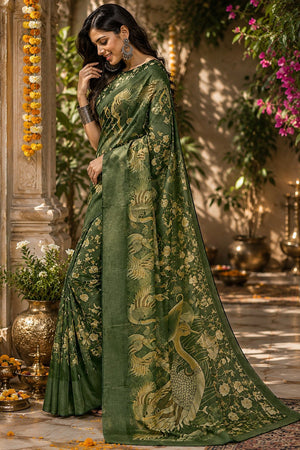 Mehendi Floral Printed Linen Saree (HT2509)