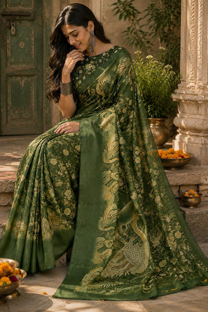 Mehendi Floral Printed Linen Saree (HT2509)
