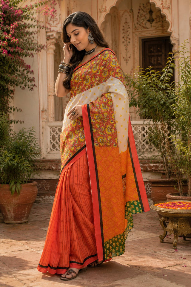 Multicolor Floral Printed Linen Saree (HT2510)
