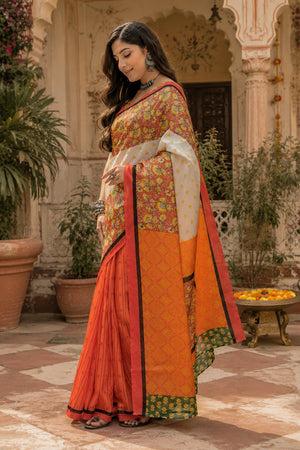 Multicolor Floral Printed Linen Saree (HT2510)