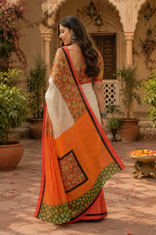 Multicolor Floral Printed Linen Saree (HT2510)