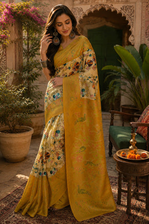 Cream & Mustard Yellow Kalamkari Floral Printed Linen Saree (HT2511)