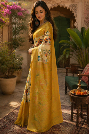 Cream & Mustard Yellow Kalamkari Floral Printed Linen Saree (HT2511)