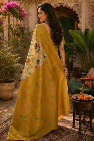 Cream & Mustard Yellow Kalamkari Floral Printed Linen Saree (HT2511)