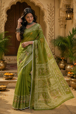 Mehendi Printed Linen Saree (HT2512)
