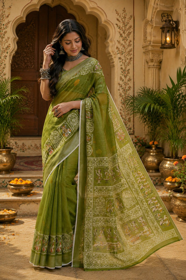 Mehendi Printed Linen Saree (HT2512)