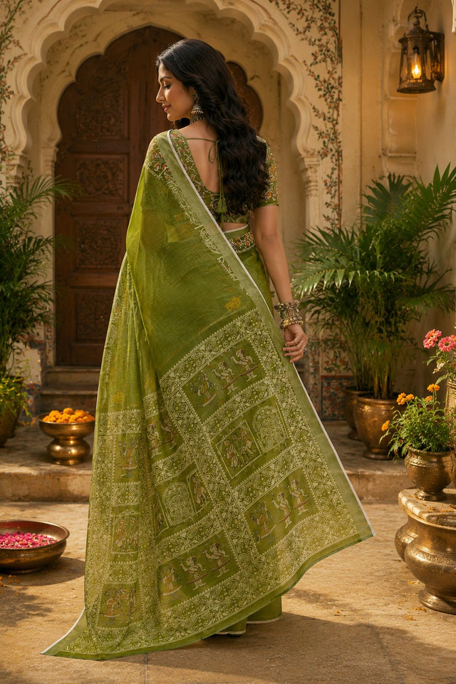 Mehendi Printed Linen Saree (HT2512)