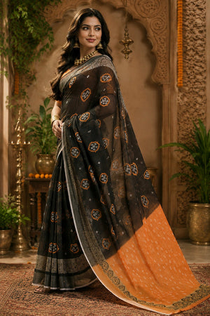 Black & Orange Bandhani Printed Linen Saree (HT2513)