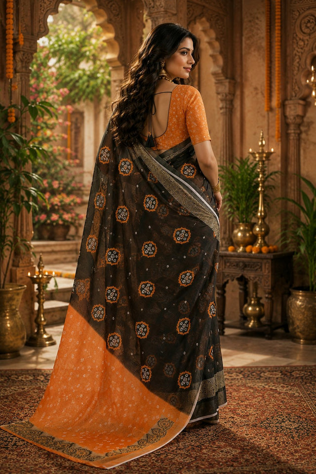 Black & Orange Bandhani Printed Linen Saree (HT2513)