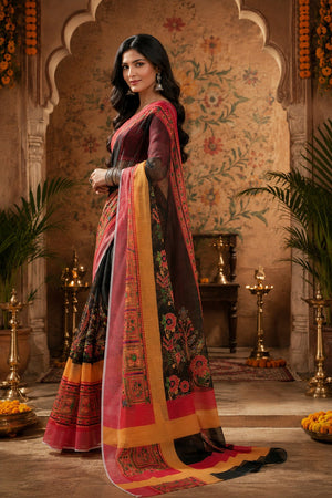 Multicolor Floral Printed Linen Saree (HT2514)