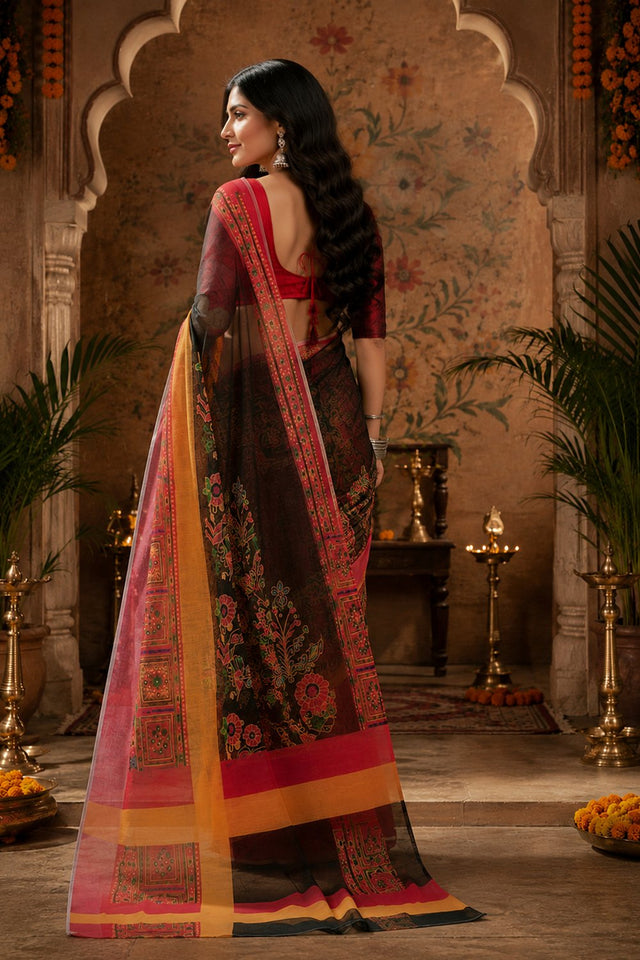 Multicolor Floral Printed Linen Saree (HT2514)