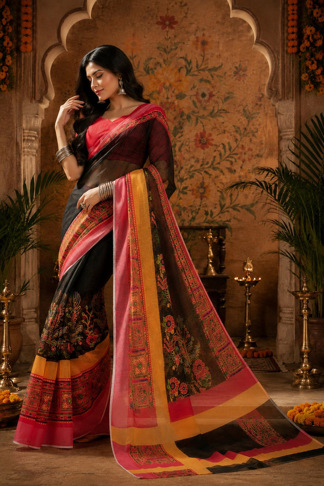 Multicolor Floral Printed Linen Saree (HT2514)