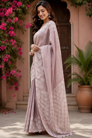 Lavender Printed Linen Saree (HT2515)