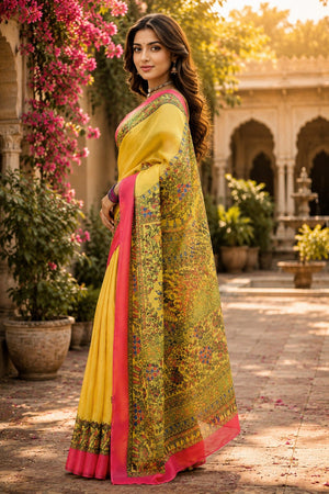 Yellow Madhubani Printed Linen Saree (HT2516)