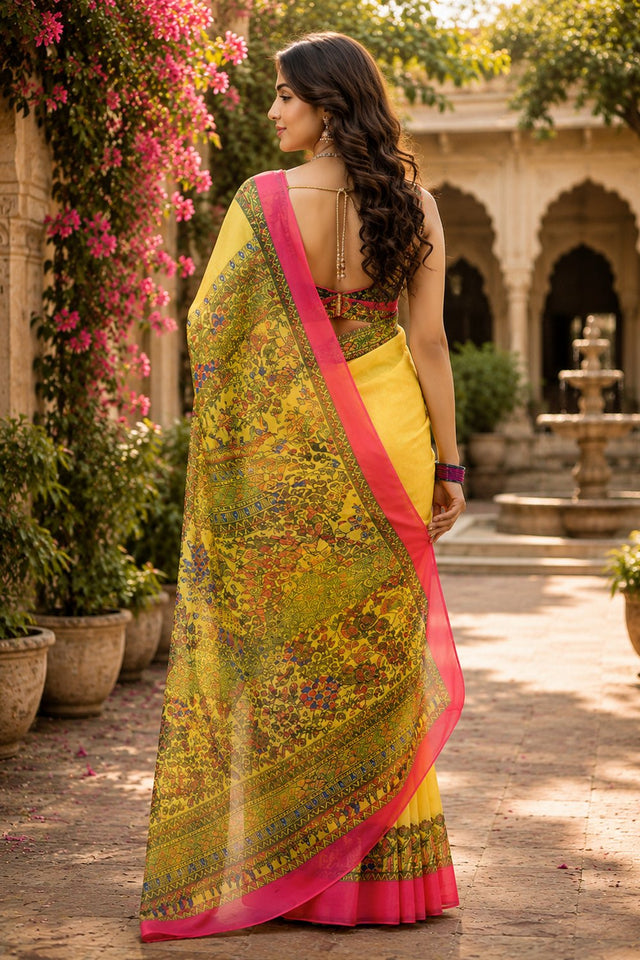 Yellow Madhubani Printed Linen Saree (HT2516)