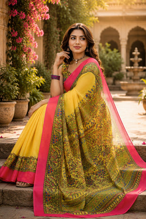 Yellow Madhubani Printed Linen Saree (HT2516)