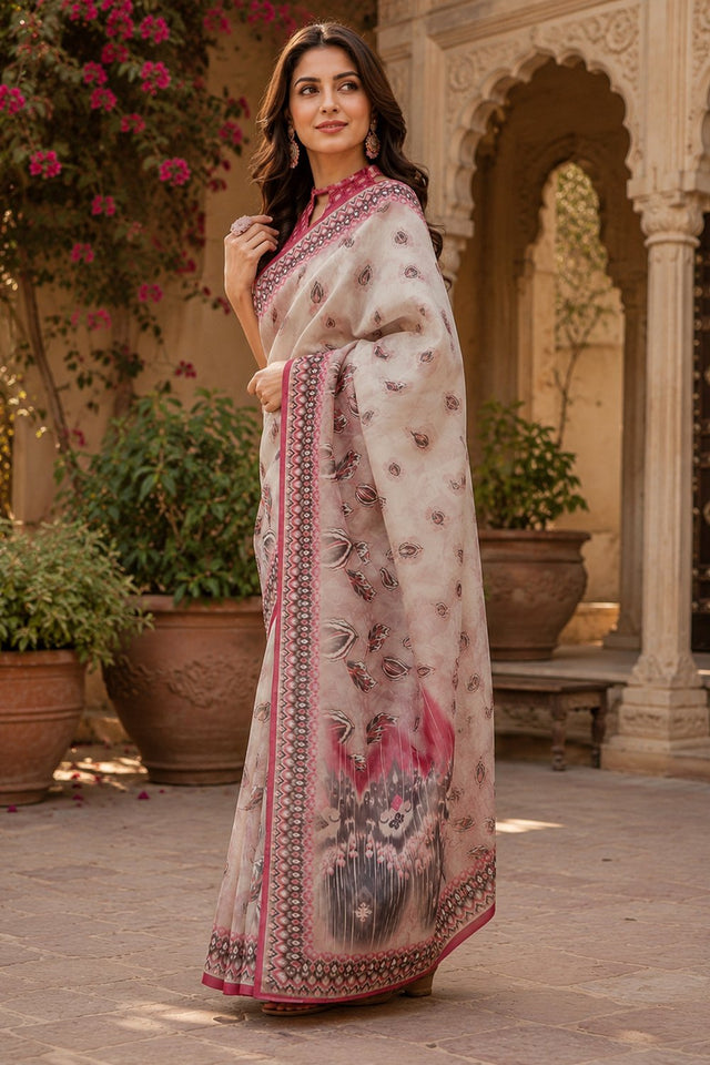 Off White Pasiley Printed Linen Saree (HT2517)