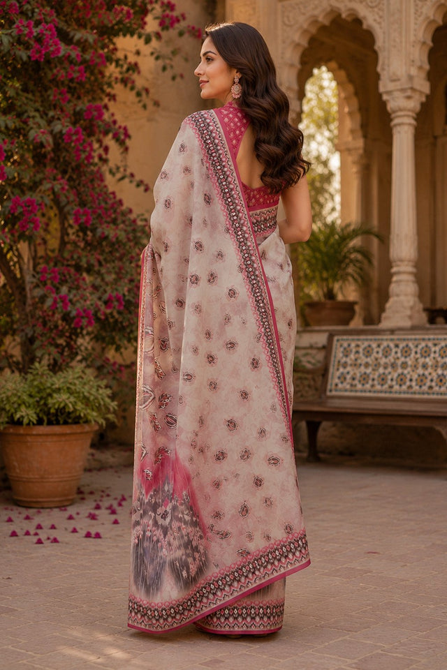 Off White Pasiley Printed Linen Saree (HT2517)