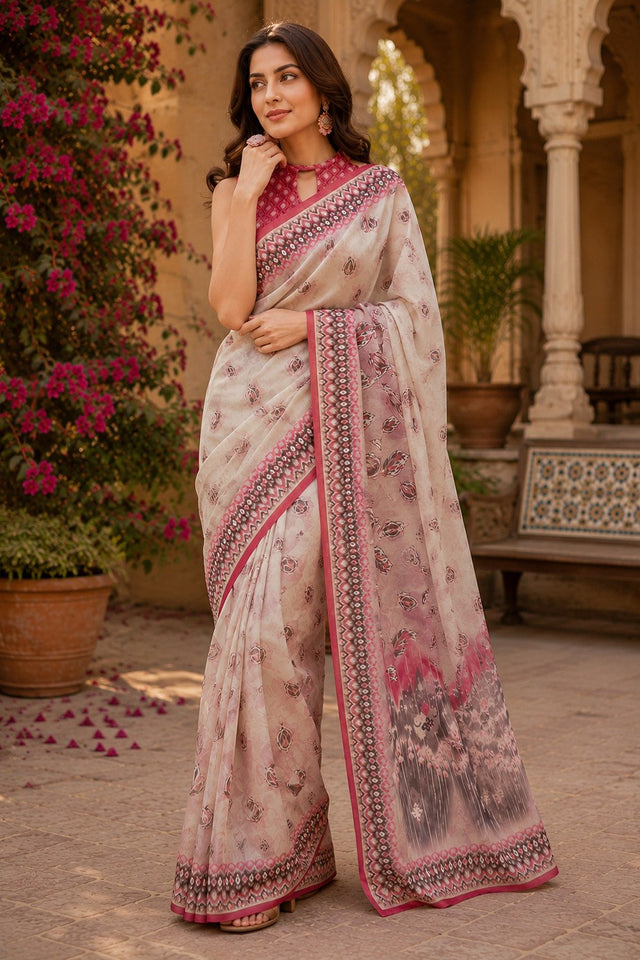 Off White Pasiley Printed Linen Saree (HT2517)