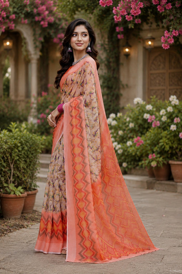 Cream & Peach Abstract Printed Linen Saree (HT2518)