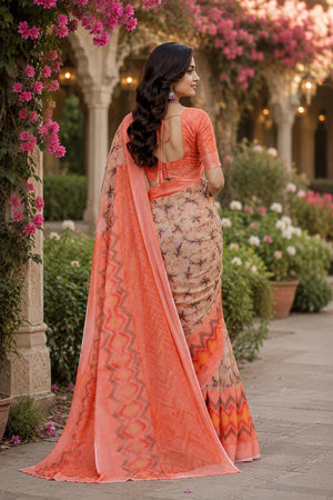 Cream & Peach Abstract Printed Linen Saree (HT2518)