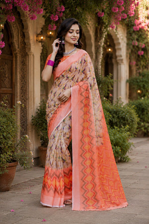 Cream & Peach Abstract Printed Linen Saree (HT2518)