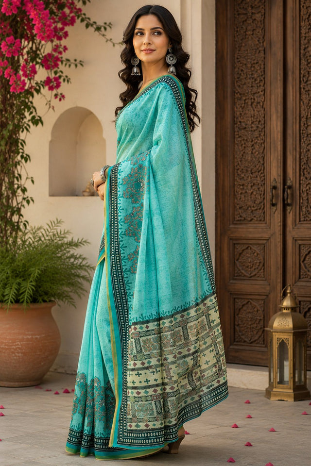 Turquoise Blue Floral Printed Linen Saree (HT2519)