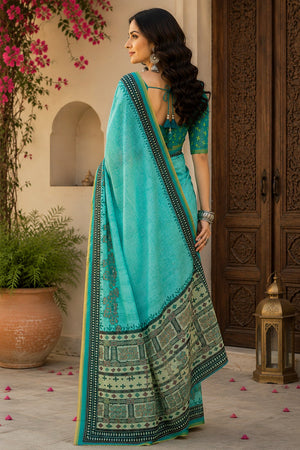 Turquoise Blue Floral Printed Linen Saree (HT2519)