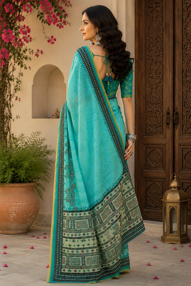 Turquoise Blue Floral Printed Linen Saree (HT2519)