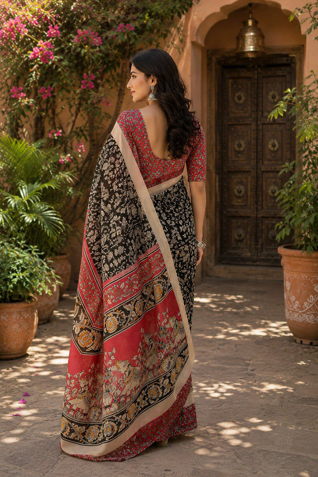 Black Kalamkari Printed Linen Saree (HT2520)