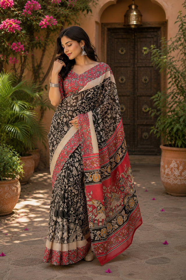 Black Kalamkari Printed Linen Saree (HT2520)