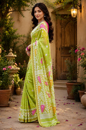 Light Green Bandhani Printed Linen Saree (HT2521)
