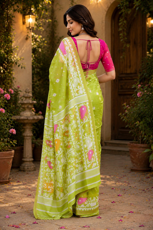 Light Green Bandhani Printed Linen Saree (HT2521)
