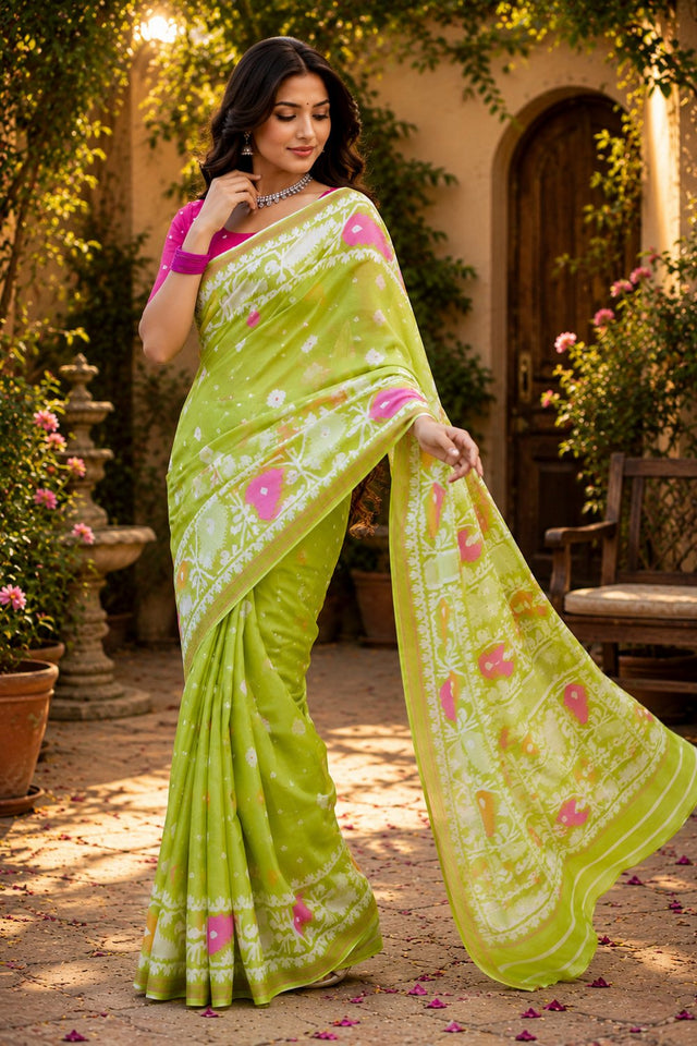 Light Green Bandhani Printed Linen Saree (HT2521)