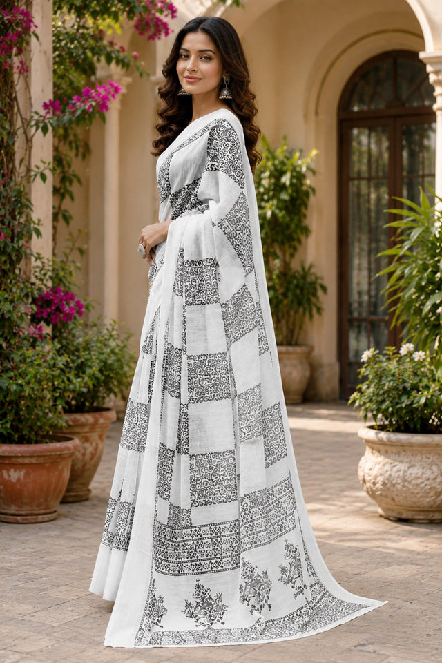 White & Black Printed Linen Saree (HT2522)