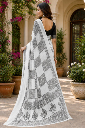 White & Black Printed Linen Saree (HT2522)