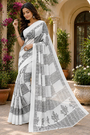 White & Black Printed Linen Saree (HT2522)
