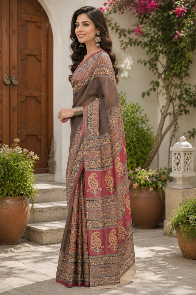 Chocolate Brown Printed Linen Saree (HT2523)