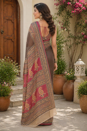 Chocolate Brown Printed Linen Saree (HT2523)